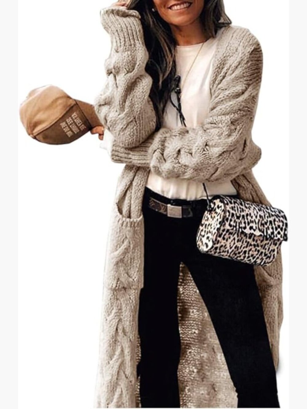 Women's Long Cardigan Coats Cable Knit Open Front Loose Sweater with Pockets